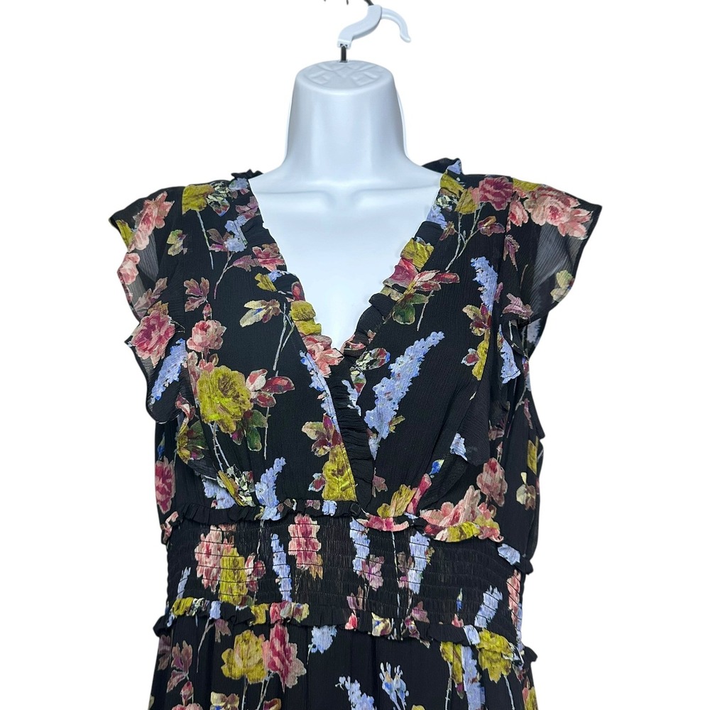 PAIGE Katharina Sleeveless Silk Chiffon Midi Dress Black‎ Floral Smocked Waist S - Picture 5 of 14
